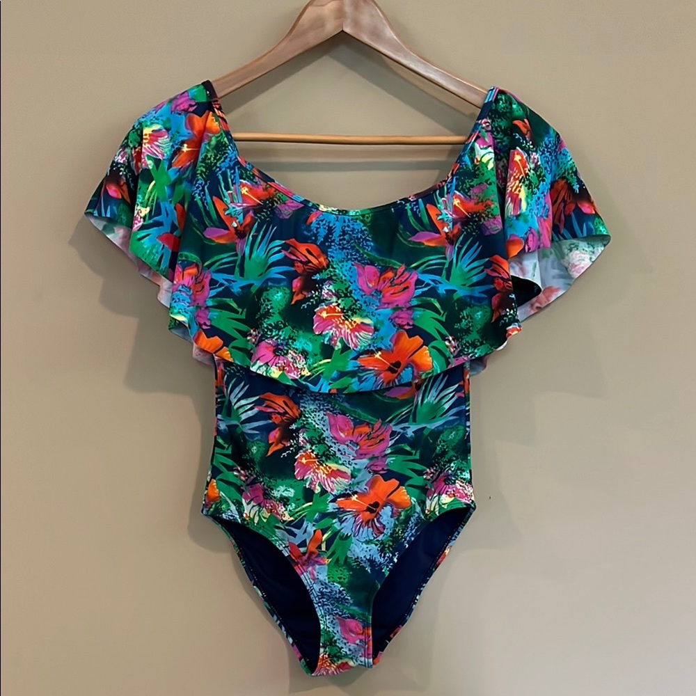Southbeach Tropical Floral Ruffle Versatile Swimsuit Off or On the Shoulder